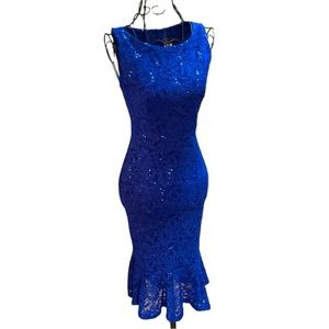 🫐 Vtg La Scala Blue Embellished Lace Dress XS